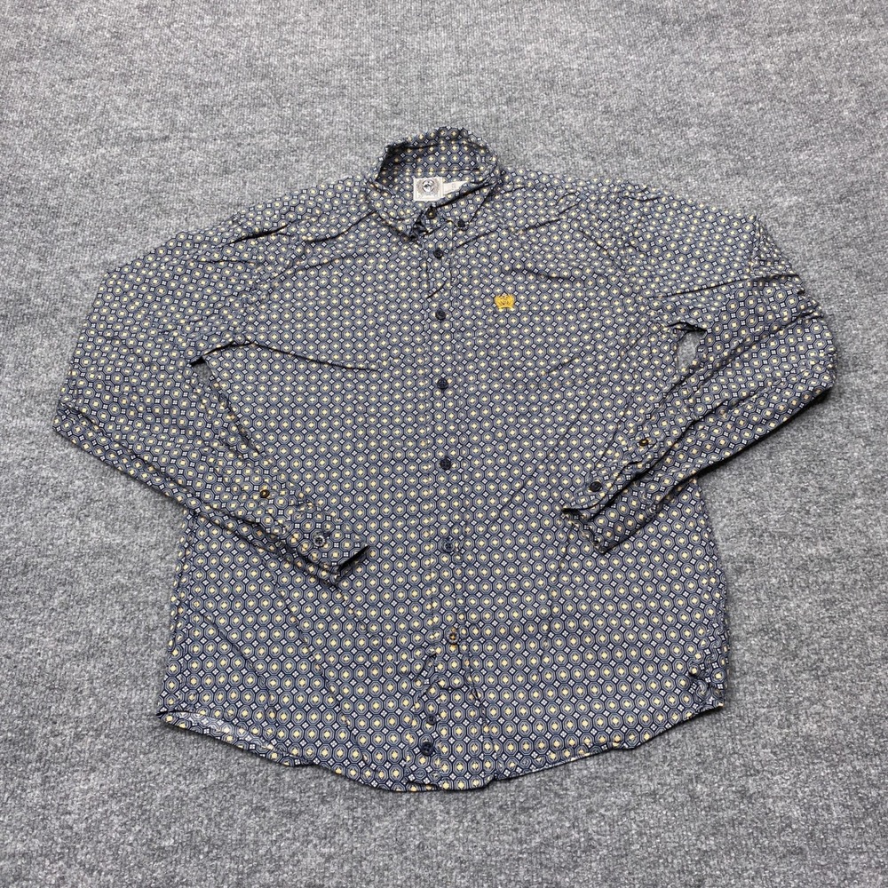 Cinch Shirt Boys XL 14 Navy Blue Yellow Geometric Print Long Sleeve Western